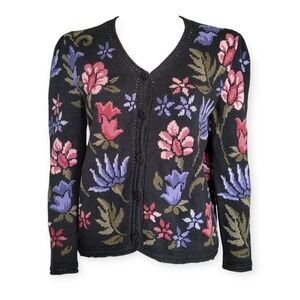 Floral Knit Women's Sweater - Black and Multicolor